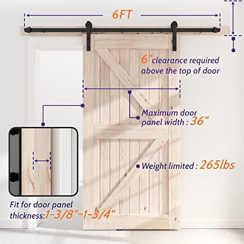 SKYSEN 6FT Single Sliding barn Door Hardware kit, Barn Door Track, 1/4” Thick Material 4FT13FT
