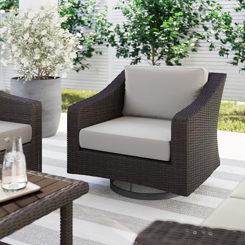 Martha Stewart Bedford Indoor-Outdoor Patio Chair with 360° Swivel Functionality and Rattan Wicker Finish in Brown with Tan All-Weather Cushions by Martha Stewart - Image 2