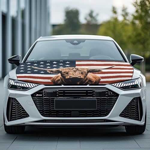 Image of Highland Cow Car Hood Cover, Car Bonnet Banner,American Flag Car Hood Cover Protector from Cats, Elastic Polyester, Stretchable, Waterproof Automotive Hood Covers