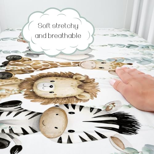 Image of HawSkgFub Safari Jungle African Animals Eucalyptus Leaf Fitted Standard Baby Crib Sheet, Giraffe Lion Tiger Elephant Zebra Toddler Mattress Cover, Soft Stretchy Nursery Bed Sheets Kids Gift 52 inch x 28 inch