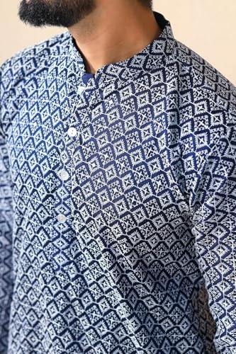 Image of LookMark Men's Printed Silk Blend Kurta with Mandarin Collar, Full Sleeves, Straight Fit Traditional Ethnic Wear