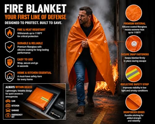 Image of Fireproof Blanket Fire Cloak | Hooded Fire Blanket | Emergency Fire Blankets For Full Body | Emergency Fire Escape Hooded Cape with Reflective Strips | Heat Resistant Up to 1100F | 65*61