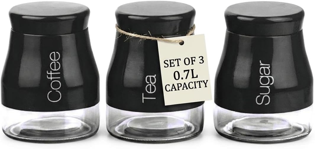 Gr8 Home Set of 3 Tea Coffee Sugar Canisters | Glass Kitchen Storage Jars with Screw Lid | Tea Coffee and Sugar Canisters Set 0.7L | Black Tea Caddy Kitchen Storage Containers