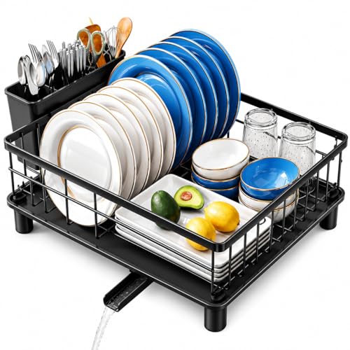 Image of Favria Dish Drying Rack - Space-Saving Small Dish Rack for Kitchen Counter, Anti Rust Kitchen Drying Rack, Compact Dish Drainer Organizer with Utensils Holder (38 x 28 x 15 cm) (Medium Black)