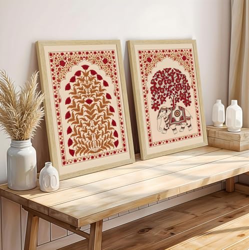 Image of ArtX Paper Elephant Kalamkari Art Paintings with Frame for Home Decor, Floral Wall Painting for Living Room, Multicolor, Natural Wood Color Frames, Set of 2