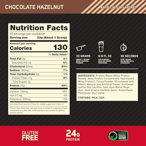 Optimum Nutrition Gold Standard 100% Whey Protein Powder, Chocolate Hazelnut, 2 Pound (Packaging May Vary) - image 3