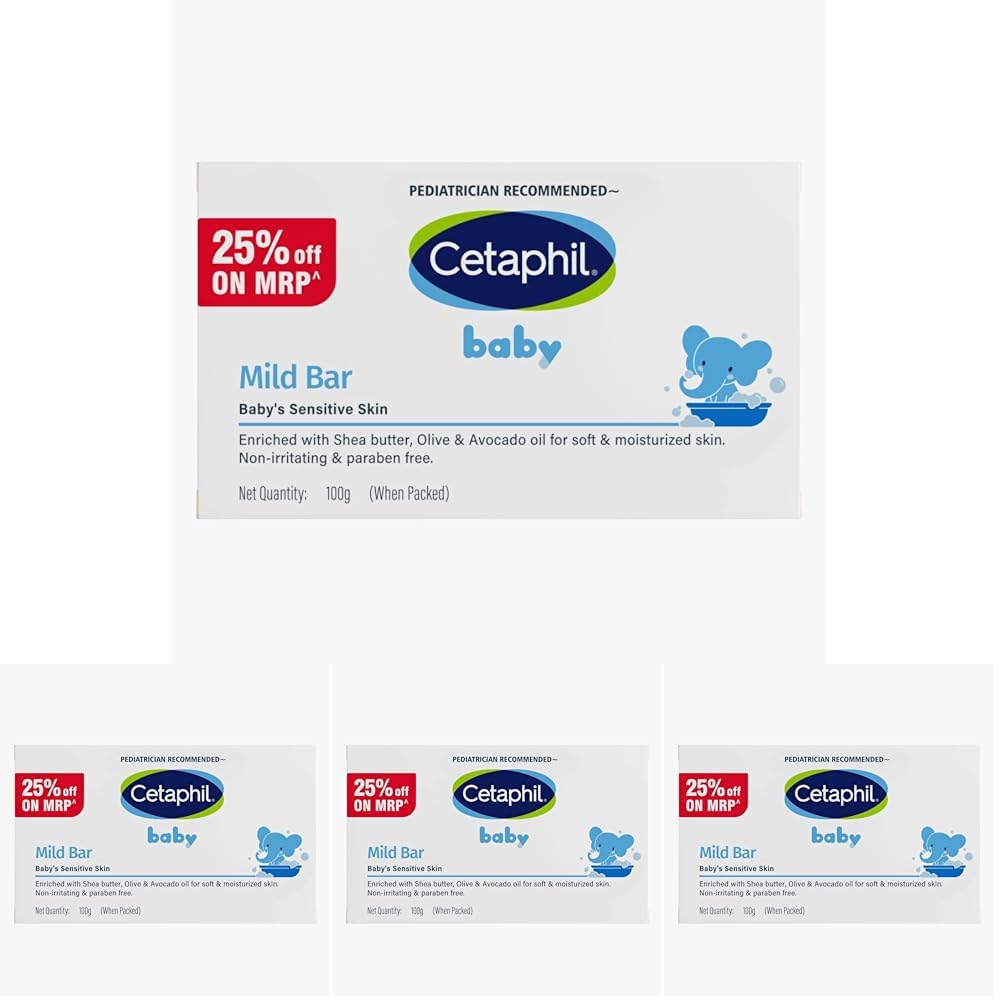 Cetaphil Baby Mild Cleansing Bar for Newborns & Babies 100 gm | With Shea Butter, Avocado Oil & Olive Oil | Gentle, Hypoallergenic, Pediatrician Recommended | Dry & Sensitive Skin (Pack of 4)-image-5