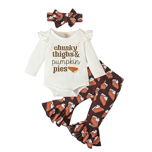 Baby Girl Thanksgiving Outfit Pumpkin Pie Romper+Flare Pants Newborn Girl Turkey Day Clothes 0-18 Months