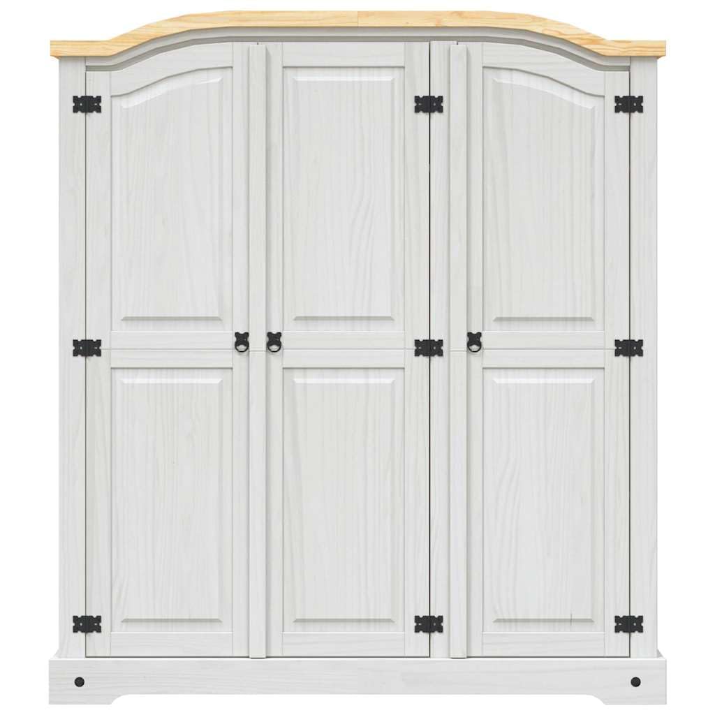Szafa na ubrania z litego drewna sosnowego w stylu meksykańskim, biała z brązowym blatem, 3 drzwi, 151 x 52 x 170 cm, drążek na ubrania, półka wkładana, miejsce do przechowywania do sypialni