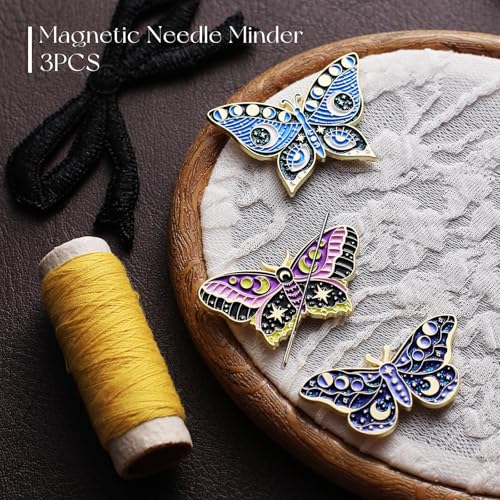 Image of Luna cici 3Pieces Needle Minder for Sewing,Magnetic Needle Keeper for Cross Stitch,Cute Butterfly Cartoon Pin,Needle Holder for Embroidery,Needlework Storage Accessory, Gift for Cross Stitch Lovers