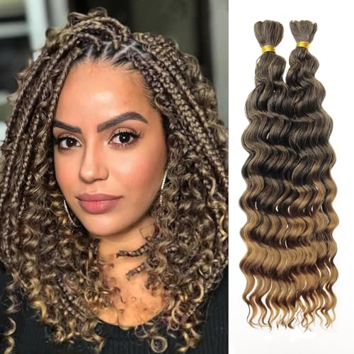 YXCHERISHAIR Boho Hair For Braiding Curly Braiding Hair for Boho Braids Ombre Deep Wave Bulk Hair For Women,2 Bundles Wet and Wavy Bohemian Braiding Hair Extensions No Weft(1B/27, 14inch)