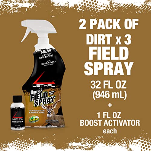 Lethal Dirt X3 Field Spray Cover Scent, Attractant And Human Scent Eliminator For Hunting Clothes, Gear, And Equipment, Natural Scent, 32 Ounce Spray Bottle, 2 Pack #TOP1