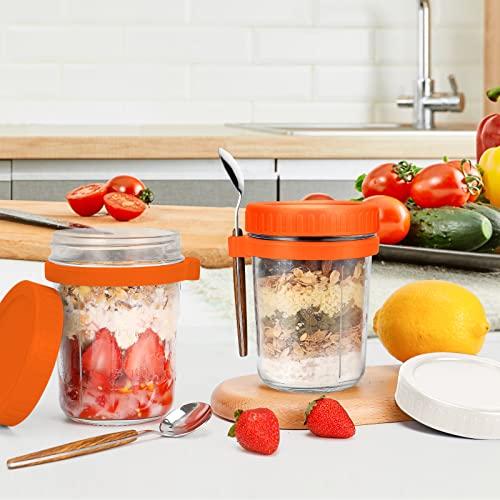 Overnight Oats Jars With Spoon And Lid 16 Oz [2 Pack], Airtight Oatmeal Container With Measurement Marks, Mason Jars With Lid For Cereal On The Go Container(2Pcs Orange) #TOP3