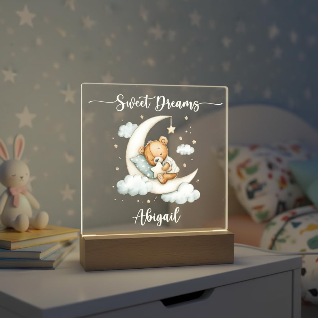 ukgiftstoreonline Personalised Teddy LED Night Light, 22cm Nursery Lamp, Customisable Baby Bedside Lamp