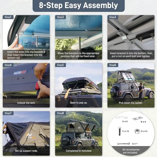 Naturnest Hard Shell Rooftop Tent Hardshell Roof Top Tent Car Camping for Pickup Wagon Van SUV All Seasons with Telescopic Ladder (Black & Beige) - Thumbnail 7