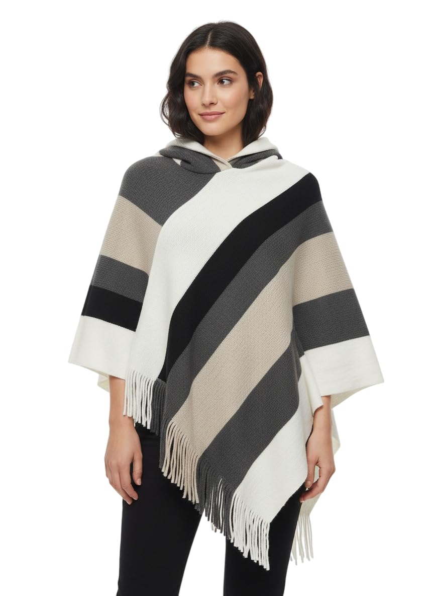 Hooded Wool Poncho, Striped Pattern, Off-white, Black and Grey, Fringe Detail-image-40