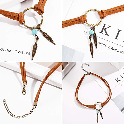 Hicarer 2 Sets Native American Jewelry Set for Women 2 Pieces Faux Suede Choker Necklace Faux Leather Choker and 2 Pairs Bohemian Artificial Feather Earrings Boho Dream Catcher Earring Western Jewelry4