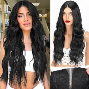 AISI HAIR Black Wig for Women, Long Wavy Lace Hairline Wig, 26 Inch Middle Part Synthetic Heat Resistant Wig for Daily Party