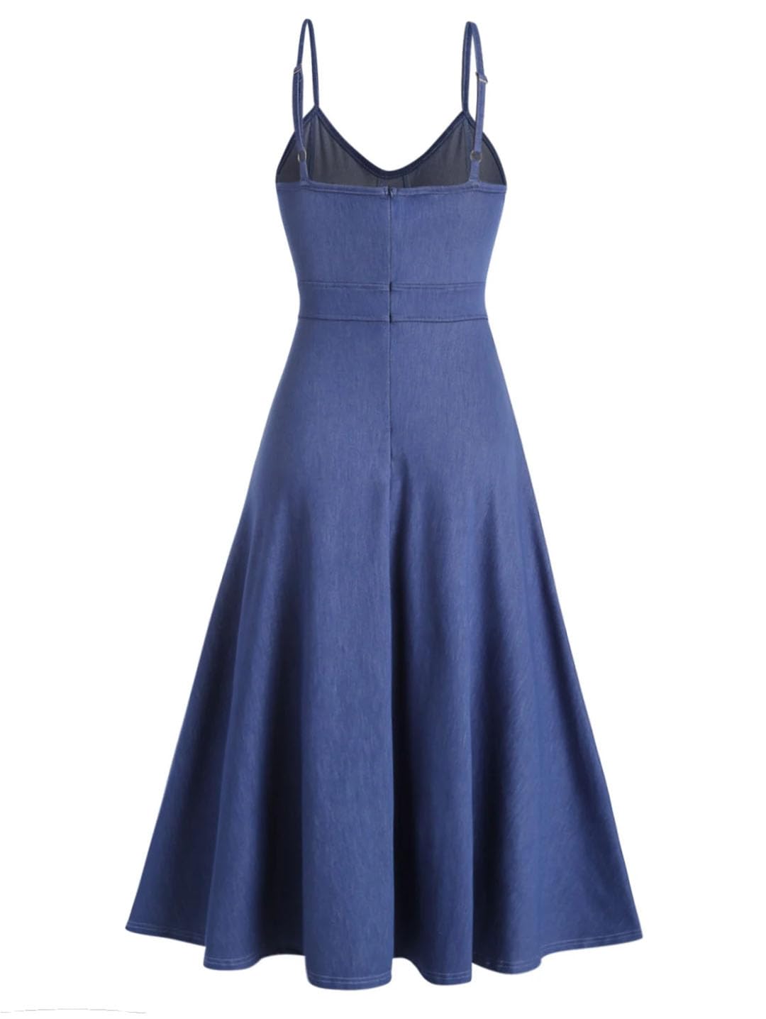Vestito prendisole da donna in denim lavorato a maglia con tasche tinta unita con bottoni finti a vita alta