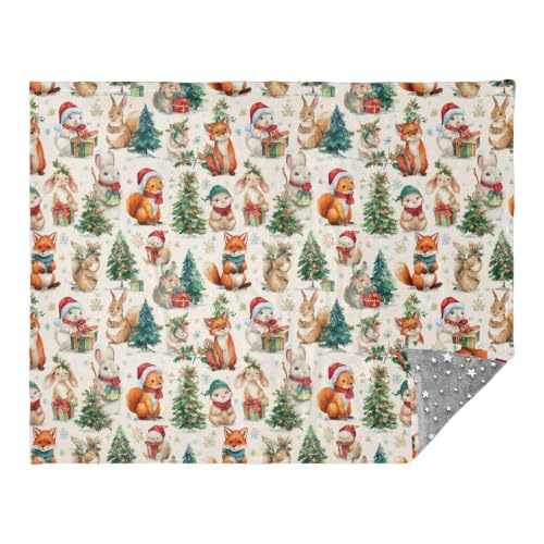 Aslsiy Textile Printers' Blanket Glow in The Dark Christmas Trees Rabbit Squirrel Fox Blanket for Kids Soft Fleece Blanket Throw 70"x55"
