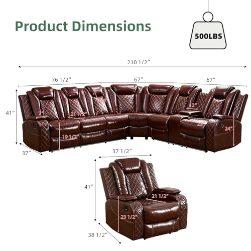 Image of Power Reclining Sectional Sofa Set with Recliner Chair, Brown Breathable Faux Leather L-Shaped Couch with LED Lights, USB Charging, Wireless Charging, Storage Console and Cup Holders