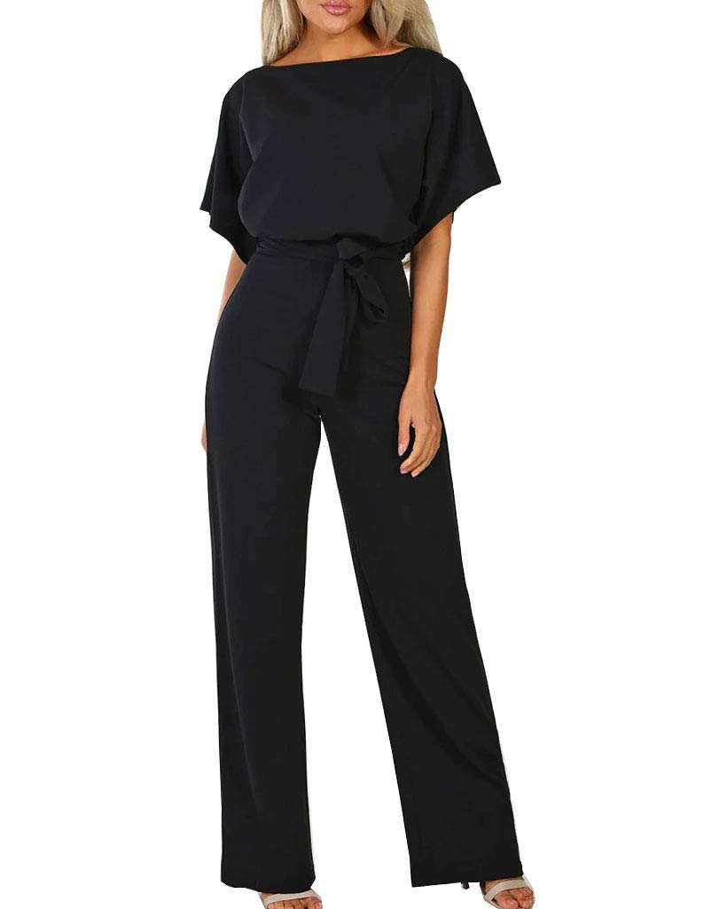 Walant Femmes Combinaison Manches Courtes Col Rond Couleur Unie Barboteuse Jumpsuit D'été Chic Élégant Slim Pantalon Loose Casual Combishort avec Ceinture