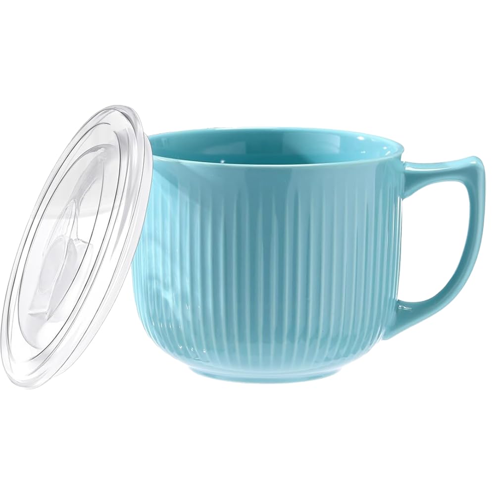 900mL Soup Bowl,Ceramic Soup Mug,Microwave Mug with Lid,Large Porridge Bowls with Handle,Microware Cup Containers for Ramen,Noodle,Oatmeal,Yogurt,Cereal,Salad,Breakfast (Blue)