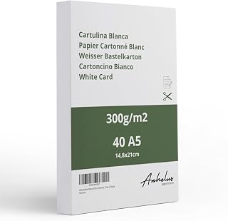 40 Cartulinas Blancas A5 de 300gr/m2 Grosor - Pack de 40 Hojas 21x14,8cm - Tarjeta Postal Blanca – Cartulina Satinada para Imprimir, Recortar, Pintar y Dibujar
