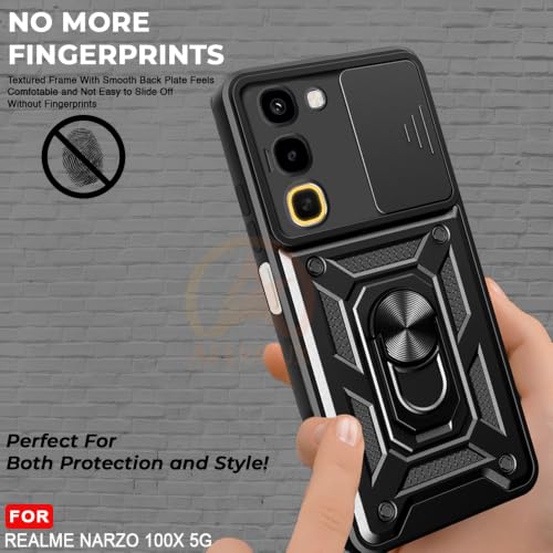Image of Armor Bumper Back Cover Case for Realme Narzo 100X 5G Rotating Camera Cover, Ring Holder & Kickstand | Heavy Duty & 360 Degree Protection Back Cover for Realme Narzo 100X 5G (Black)
