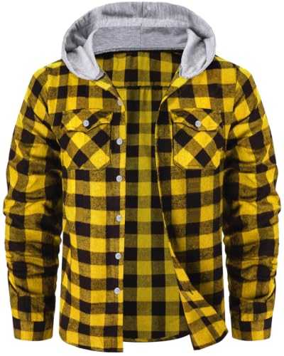 Image of Cromoncent Men Flannel Hoodie Plaid Button Down Jacket Long Sleeve Shirts