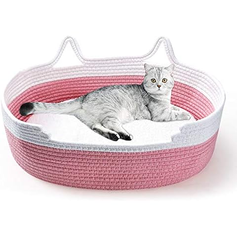 Zannaki Small Cute Cat Bed with Soft Cushion, Cotton Rope Woven Basket Nest with Pillow Mat for Kitty Small Dog Puppy, Soft Style Scratch-Free Machine Wash Foldable Small Pet Animal Beds Cover