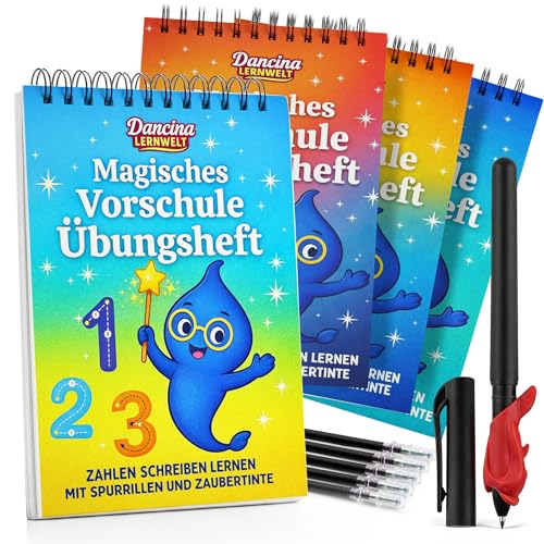 Magische Vorschule Übungshefte ab 5 für Jungen und Mädchen – Spielerisch Buchstaben, Wörter & Zahlen Schreiben Lernen mit Zaubertinte & Spurrillen - 4 Vorschulhefte mit Stift
