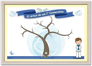 Antracita Cuadro con Marco Árbol Huellas Comunion Niño Beige