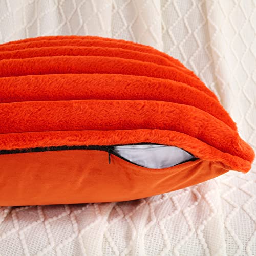 FUTEI Burnt Orange Striped Decorative Throw Pillow Covers 12x20 Inch Set of 2,Rectangle Fall Decorations Couch Lumbar Pillowcase,Soft Cozy Faux Rabbit Fur & Velvet Back,Modern Home Decor for Bed