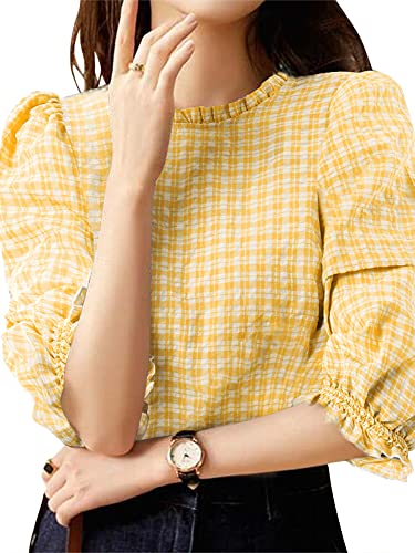 Zanzea Women's 3/4 Puff Sleeve Gingham Shirts Mock Neck Casual Blouses Tops Yellow X-Large #TOP15