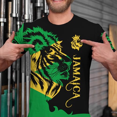 BJU Jamaica Flag T-Shirt Lion Tee Printed Crewneck Short Sleeve Casual Sports Top Unisex4