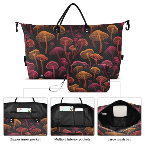 Red Yellow Mushroom Black Large Travel Duffle Bag Weekender Overnight Bags Gym Yoga Bag for Women Men with Toiletry Bag2