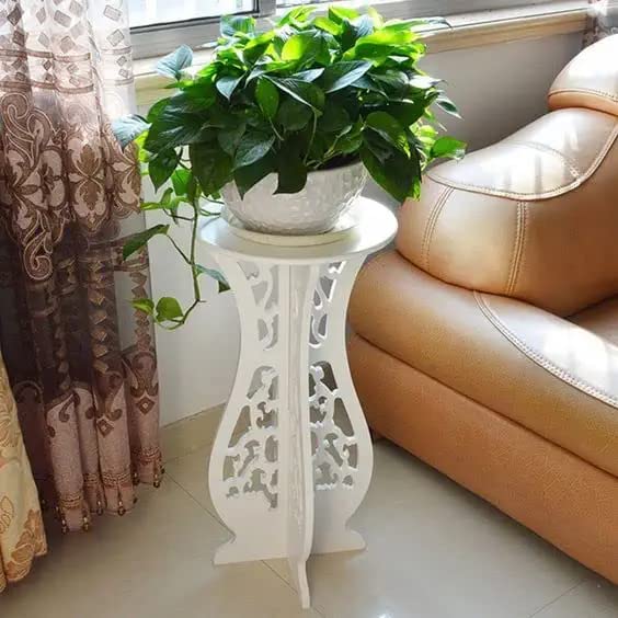 Image of Device Bas with BROWN ART SHOPPEE Round End Tables Living Room,Narrow Night Stands Round Side Table For Bedrooms,Antique Carved Coffee Table,Pedestal Plant Stand For Balcony (White) Engineered Wood