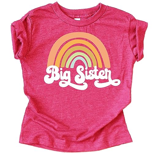 Image of Retro Rainbow Big Sister Sibling Reveal Announcement Shirt for Baby and Toddler Girls Sibling Outfits Vintage Hot Pink Shirt 4T