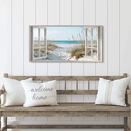 Beach Window Wall Art Canvas: Relaxing Bedroom Living Room Blue Ocean Coastal Scene Picture Modern Tropical Sea Landscape Painting Print Decor Horizontal Summer Seascape Artwork for Home - Image 3