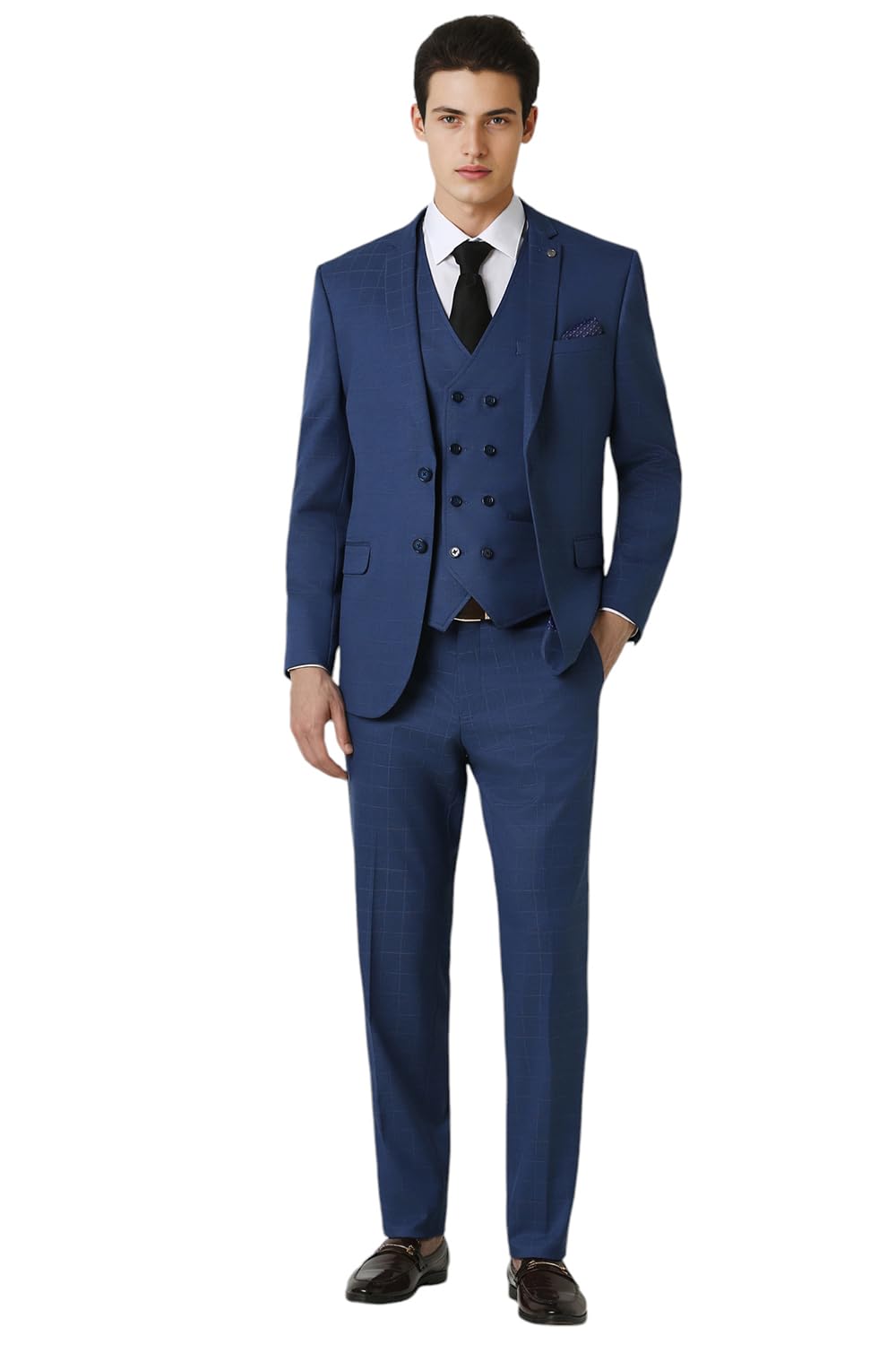 van heusen Men Navy Check Slim Fit Wedding Three Piece Suit-picture-23