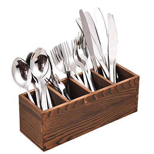 Wooden Silverware Caddy Kitchen Utensil Holder with 4 Adjustable Compartments Silverware Storage Kitchen Flatware Caddy