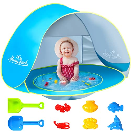 Monobeach Baby Beach Tent with Beach Sand Toys Pop Up Portable Beach Shade for Infant with Easy Set Up Canopy (Blue)
