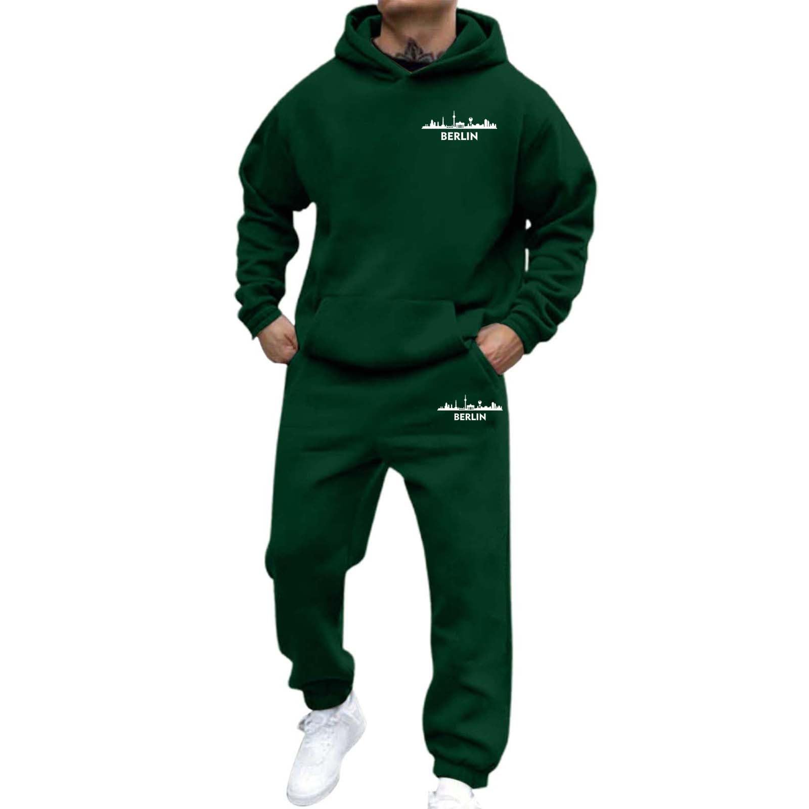 Generisch Męski dres do joggingu, zestaw Baggy z logo Berlinn, dres treningowy z kapturem i spodnie do biegania, dres rekreacyjny z kieszeniami, wygodny dres sportowy, z długim rękawem, streatwear