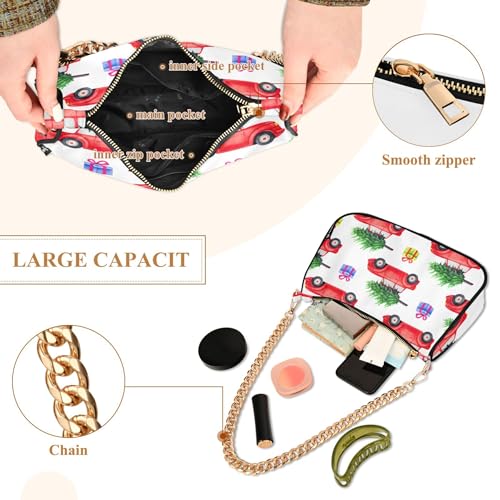 Red Vintage Cars Christmas Trees Tote Handbag Womens Colorful Shoulder Bag Zipper Hobo Clutch Purse with Chain Strap4