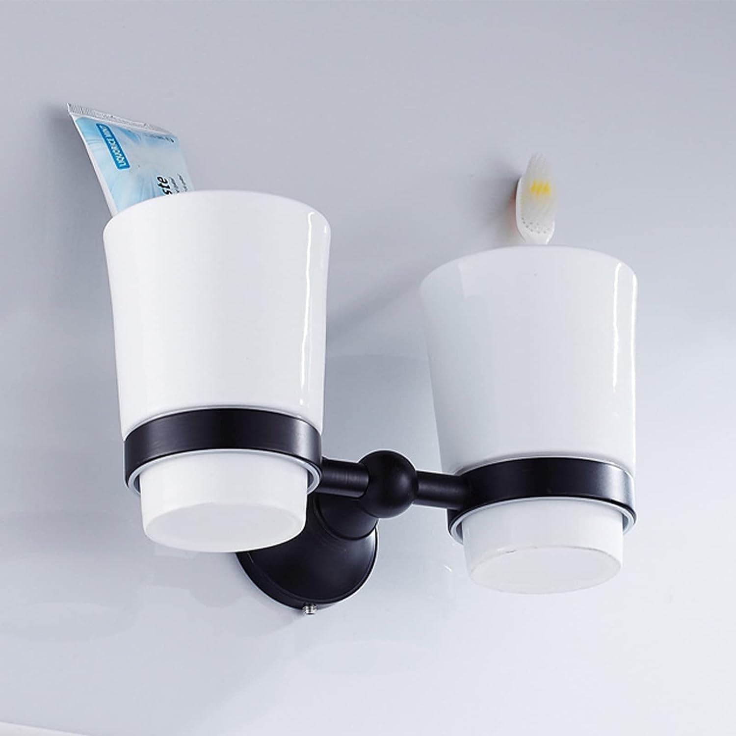 Black Toothbrush Holder,Vintage Double Cup Holder, Wall Mounted Toothbrush Holder Cup Holder with Two Ceramic Tumbler for Bathroom