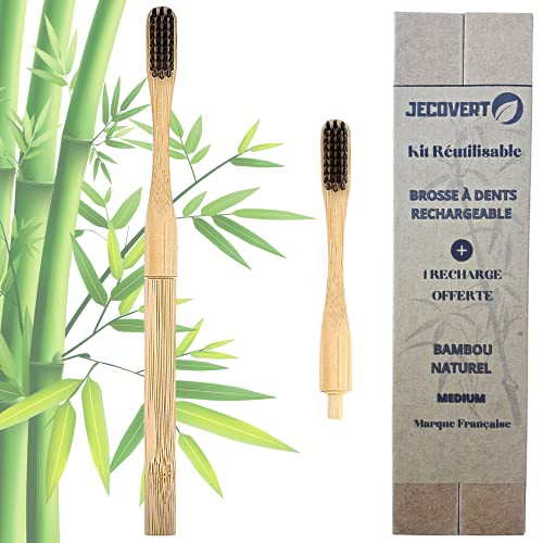 JECOVERT By amazon – Brosse à Dent Bambou Rechargeable – Souple, Tète Changeable Bois – Brosses à Dents Ecologique tète remplaçable- Cadeaux Adulte Ecolo Charbon Bamboo – Lot 1 Brosse à Dent + 1 Tète