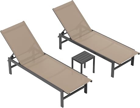 Vexwalx Outdoor Lounge Chairs Set of 3, Aluminum Chaise Lounge Chairs with 5-Position Recliner, Patio Lounge Chair for Backyard, Poolside, Deck, Lawn Khaki