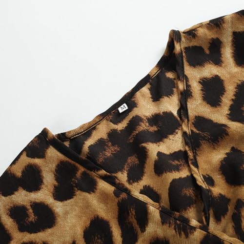 BSLVWG Damen Sexy Leopard Print Midi Kleid Langarm Krawatte Wrap Kleider für Frauen V-Ausschnitt Damen Casual Kleid Herbst Winter (DE/NL/SE/PL, Alphanumerisch, L, Regular, Regular, Braun)