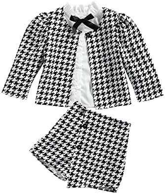 RSRZRCJ Kids Toddler Baby Girl Fall Winter Clothes Long Sleeve Jacket Ruffle Shirt Top Mini Skirt Shorts 3PCS Outfits Set (Houndstooth Plaid, 3-4T)